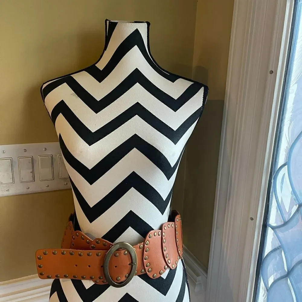 Lake shore Drive leather tan patchwork Belt with brass buckle & studs accents
